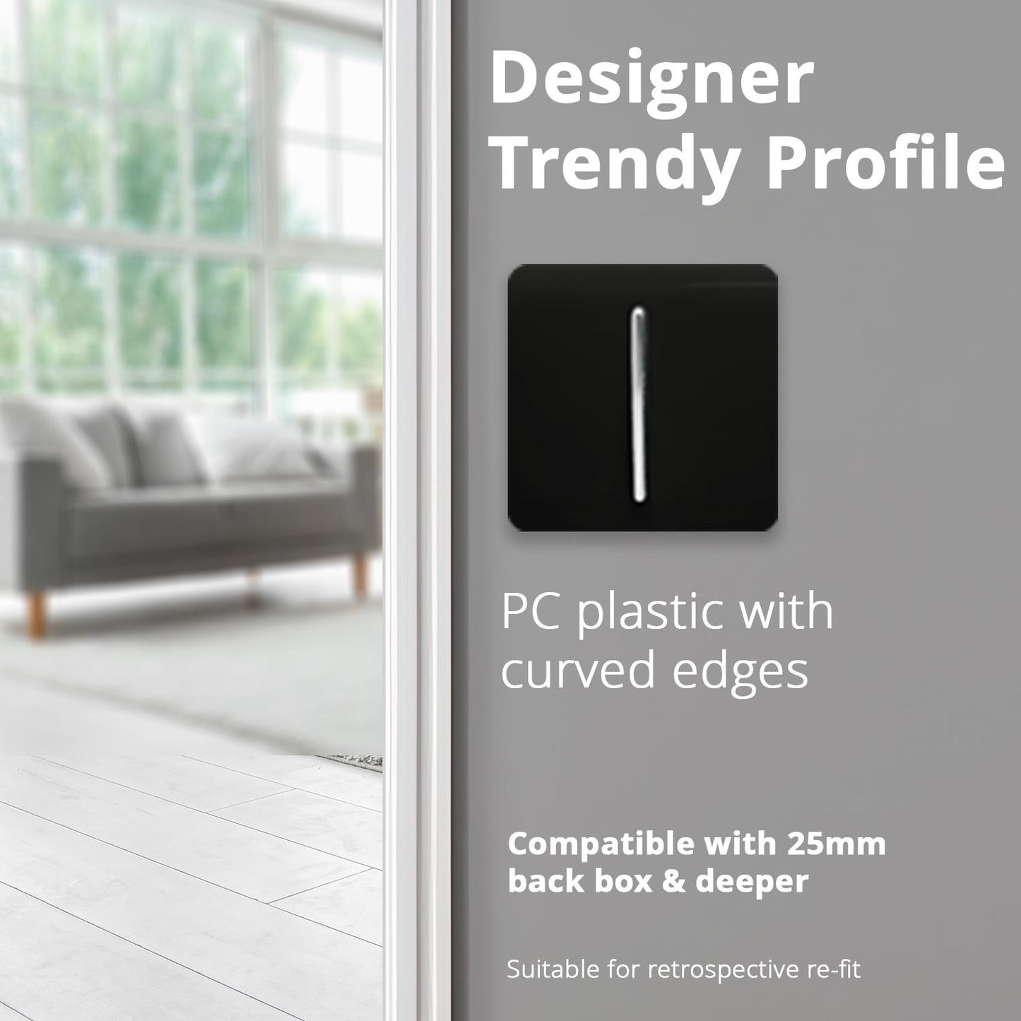 Trendi 1 Gang 2 Way 240V Screwless Artistic Modern Glossy 10 Amp Chrome Rocker Electrical Wall Light Switch in Matt Black (3 pack)