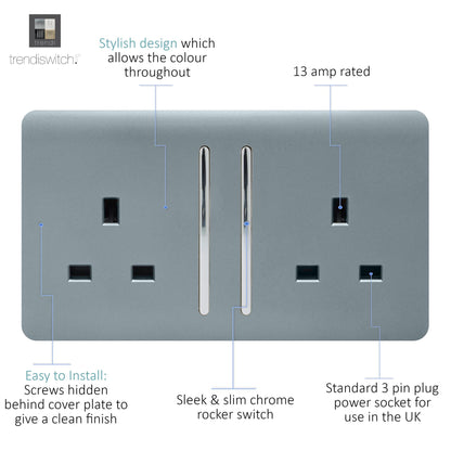 Trendi 2 Gang Artistic Modern Glossy 13 Amp Switched  Plug Socket Cool Grey  (3 Pack)