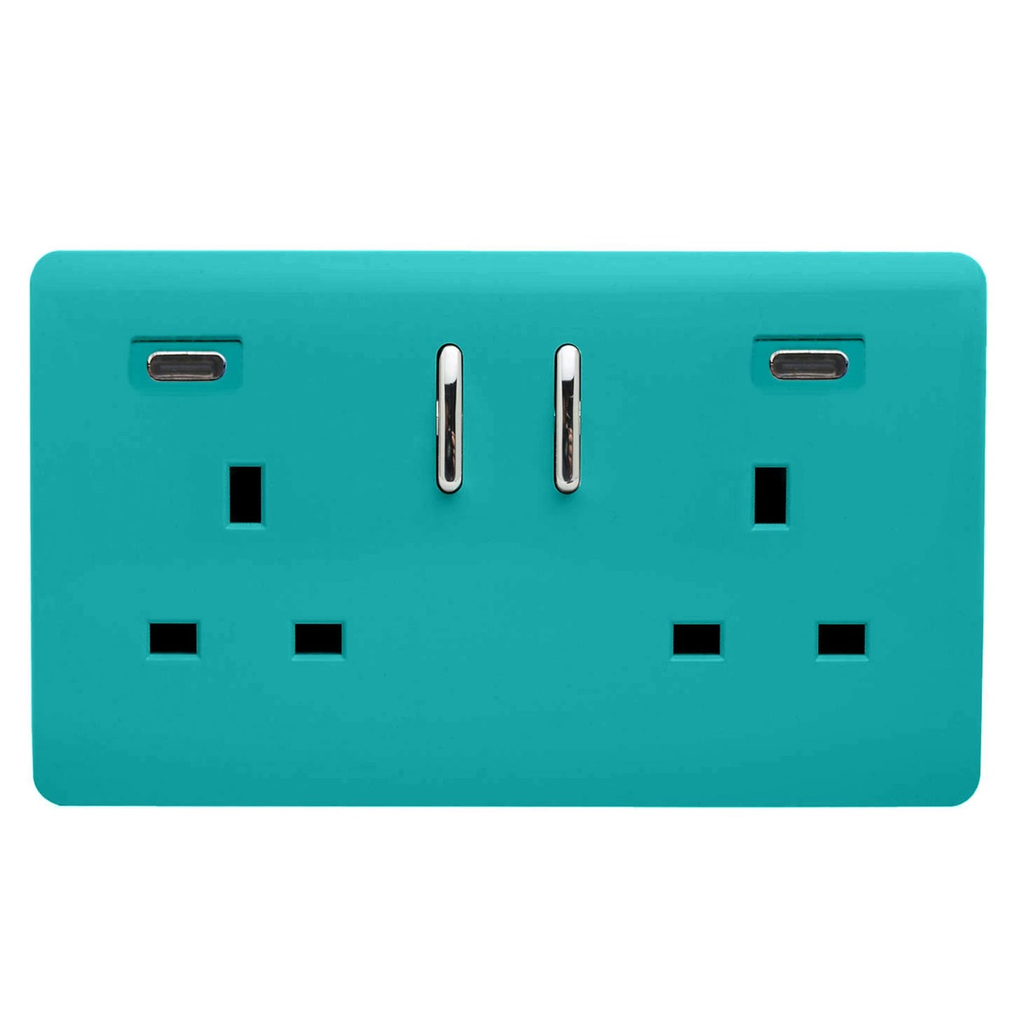 Bright Teal Screwless 2 Gang Switched Double Socket 13A With 2 x USB-C 24W (Shared), (35mm Back Box Req.), 10yrs Warranty