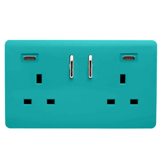 Bright Teal Screwless 2 Gang Switched Double Socket 13A With 2 x USB-C 24W (Shared), (35mm Back Box Req.), 10yrs Warranty