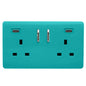 Bright Teal Screwless 2 Gang Switched Double Socket 13A With 2 x USB-C 24W (Shared), (35mm Back Box Req.), 10yrs Warranty