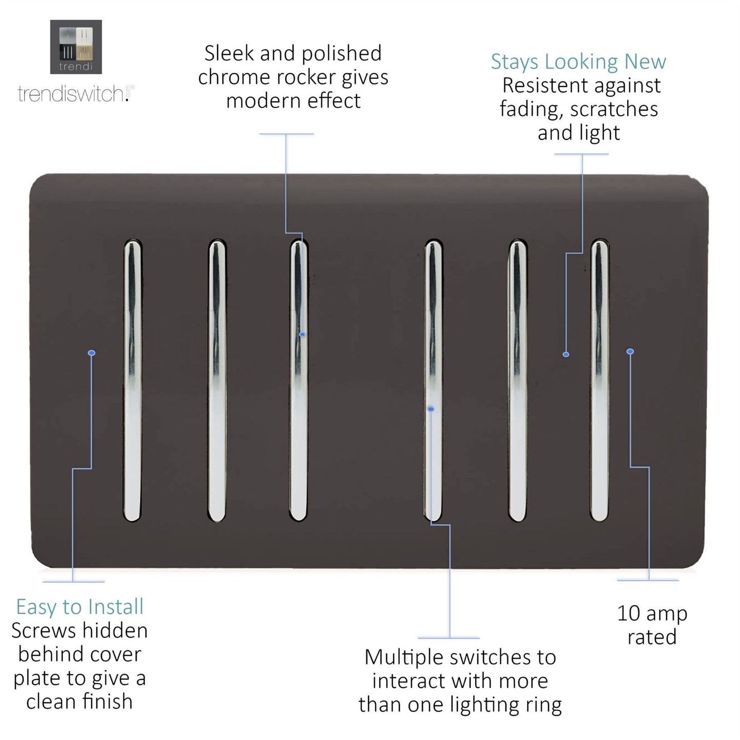 Trendi Artistic Modern Glossy 6 Gang 2 Way Rocker Double Plate Tactile Light Switch Dark Brown