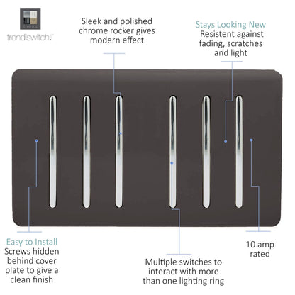 Trendi Artistic Modern Glossy 6 Gang 2 Way Rocker Double Plate Tactile Light Switch Dark Brown