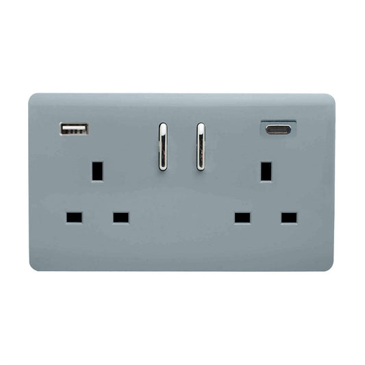 Trendi 2 Gang Artistic Modern Glossy 13 Amp 2 x Type A & C 3100 mA USB Switched Plug Socket Cool Grey