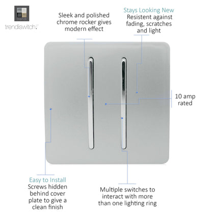 Trendi 2 Gang 2 Way 240V Screwless Artistic Modern Glossy 10 Amp Chrome Rocker Electrical Wall Light Switch in Platinum Silver (2 pack)