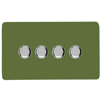 Trendi 4 Gang 2 Way 240V 100w LED Dimmer Screwless Raised Front Plate Plastic Artistic Modern Glossy 10 Amp Chrome Single Electrical Wall Light Switch in Moss Green - ART-4LDMMG
