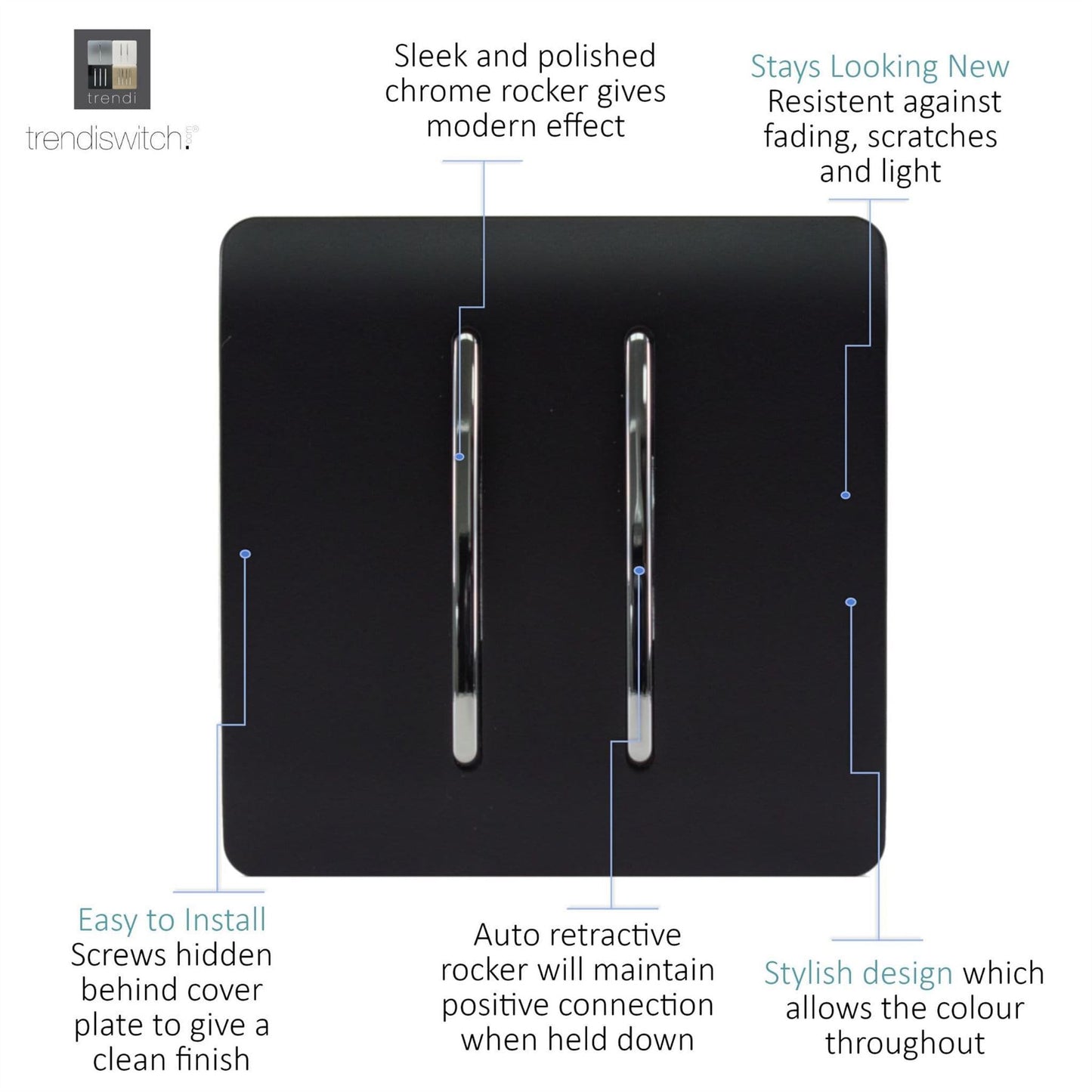 Trendi  Auto Retractive 2 Door Bell Switch Matt Black Soft Touch - ART-2DBSTB