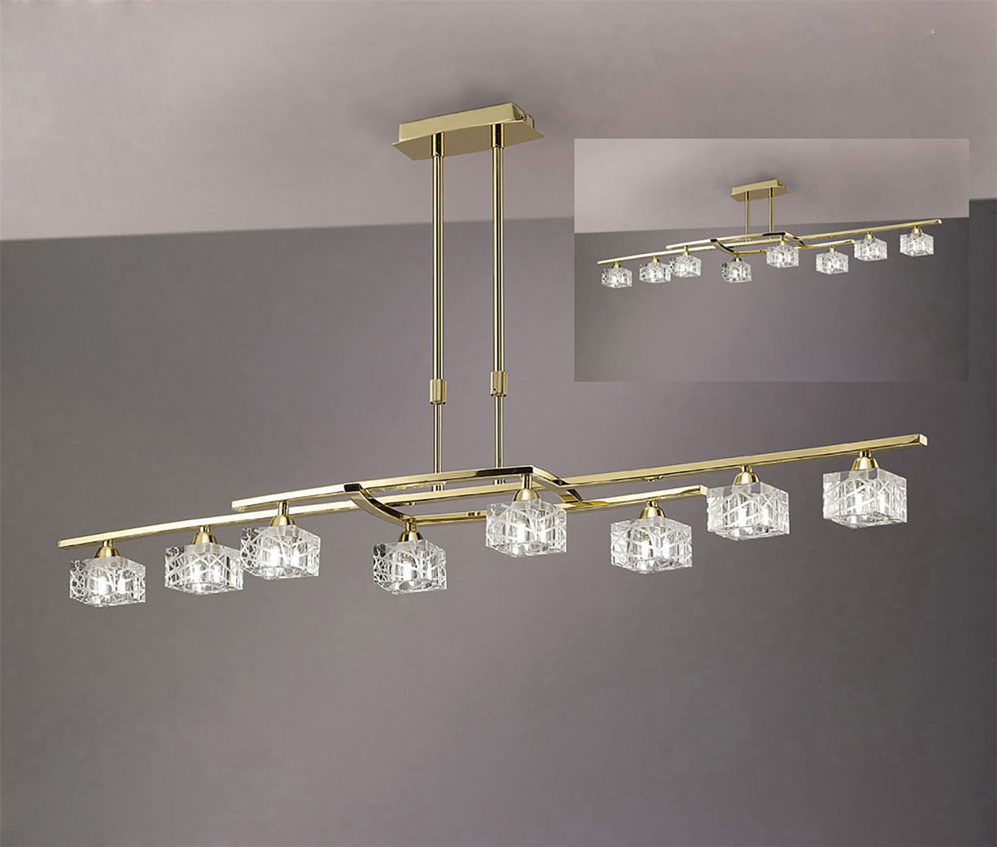 Mantra Zen PB Zen Rectangular Telescopic Convertible To Semi Flush 8 Light G9, Polished Brass