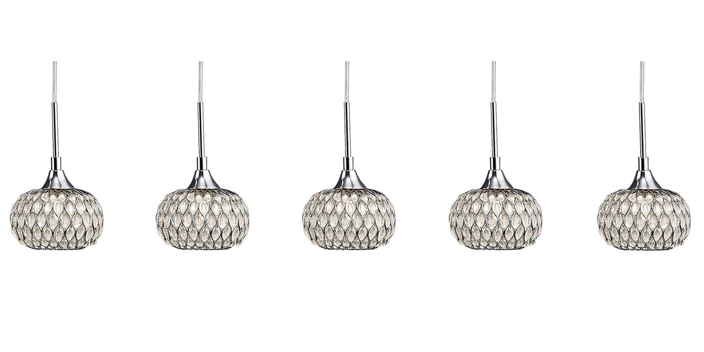 Diyas Chelsie Linear  5 Light G9 Line Polished Chrome/Clear Beaded Glass Ceiling Pendant Light Fitting
