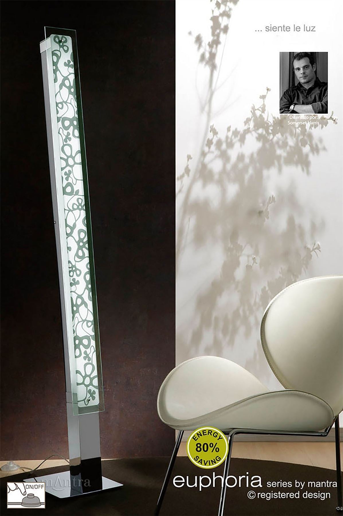 Mantra Euphoria Floor Lamp 2 Light T5, Polished Chrome/Opal White Glass, NOT LED/CFL Compatible