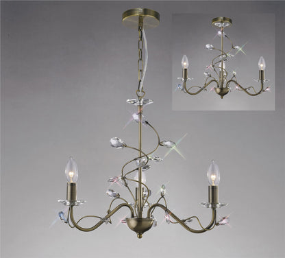 Diyas Willow 50cm  WITHOUT SHADE 3 Light E14 Antique Brass/Crystal Ceiling Pendant Light Fitting