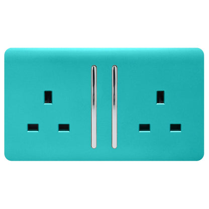 Trendi 2 Gang Raised Artistic Modern Glossy Screwless 13 Amp Single Pole with Chrome Switched UK Standard Electrical Double Wall Plug Socket in Bright Teal - ART-SKT213LBT