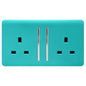 Trendi 2 Gang Raised Artistic Modern Glossy Screwless 13 Amp Single Pole with Chrome Switched UK Standard Electrical Double Wall Plug Socket in Bright Teal - ART-SKT213LBT