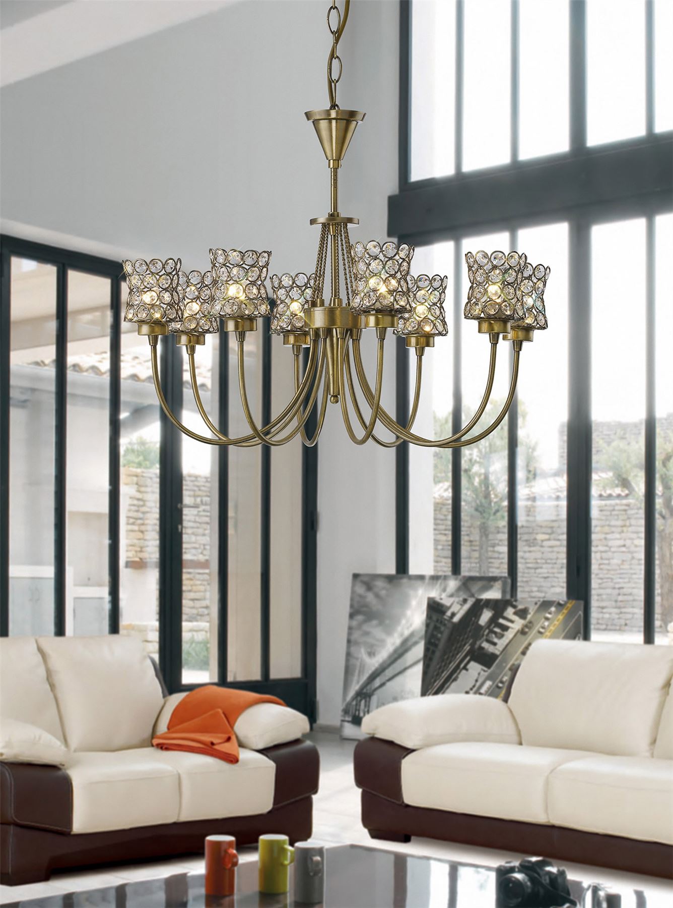 Diyas Nelson  8 Light G9 Antique Brass/Crystal Ceiling Pendant Light Fitting
