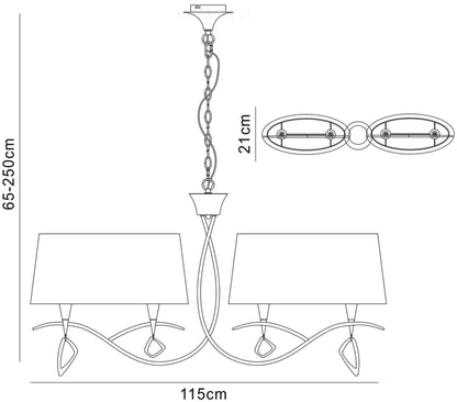 Mantra Mara Linear Pendant 2 Arm 4 Light E14, Antique Brass with Ivory White Shades