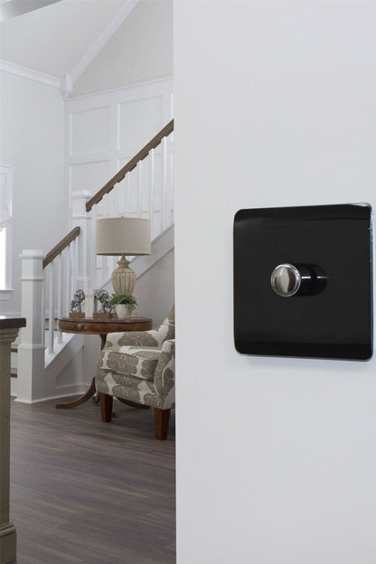 Trendi 1 Gang 2 Way 240V 100w LED Dimmer Screwless Raised Front Plate Plastic Artistic Modern Glossy 10 Amp Chrome Single Electrical Wall Light Switch in Piano Black - ART-LDMBK