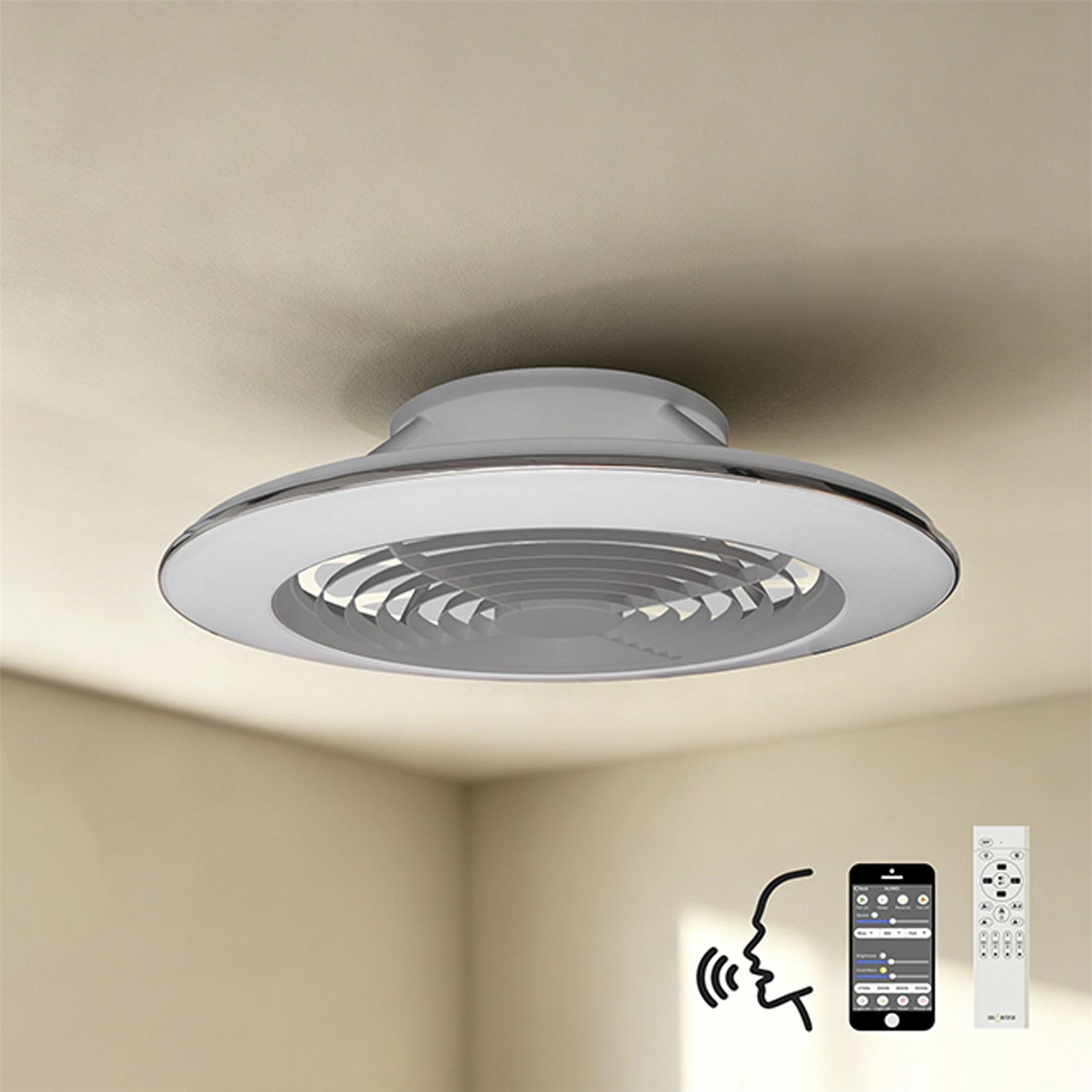Alisio XL 73.5cm 95W LED Dimmable Ceiling Light & 58W DC Reversible Fan, Silver Finish c/w Remote Control, APP & Alexa/Google Voice Control, 5900lm