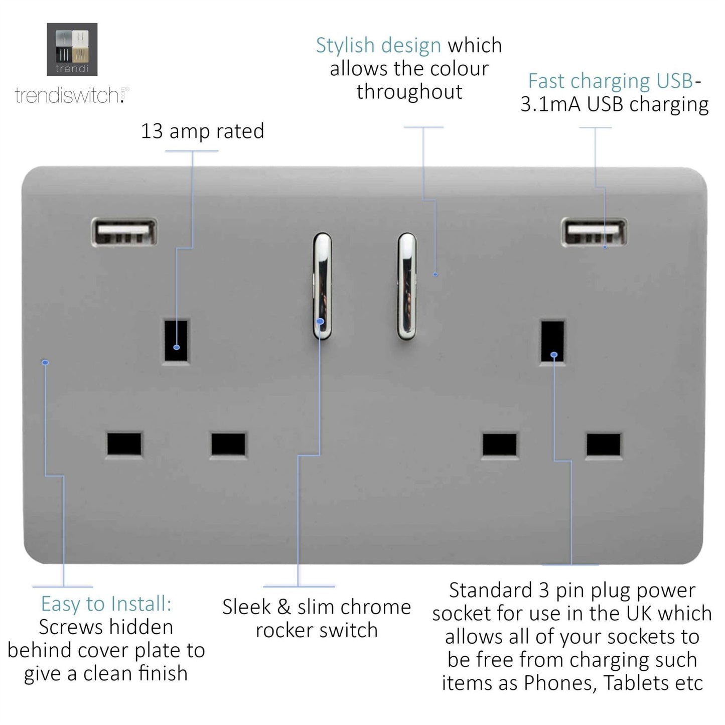 Trendi 2 Gang Artistic Modern Glossy 13 Amp 2 x 3.1mA USB Switched Plug Socket Light Grey