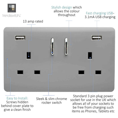 Trendi 2 Gang Artistic Modern Glossy 13 Amp 2 x 3.1mA USB Switched Plug Socket Light Grey