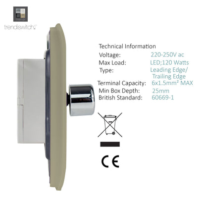 Trendi 1 Gang 2 Way 240V 100w LED Dimmer Screwless Raised Front Plate Plastic Artistic Modern Glossy 10 Amp Chrome Single Electrical Wall Light Switch in Champagne Gold - ART-LDMGO