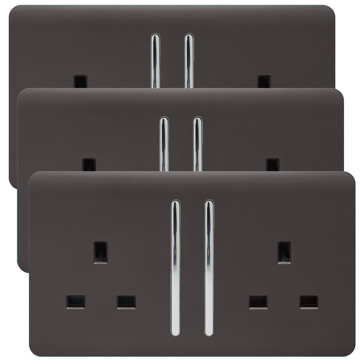 Trendi 2 Gang Artistic Modern Glossy 13 Amp Switched  Plug Socket Dark Brown (3 Pack)