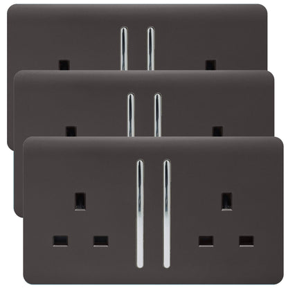 Trendi 2 Gang Artistic Modern Glossy 13 Amp Switched  Plug Socket Dark Brown (3 Pack)
