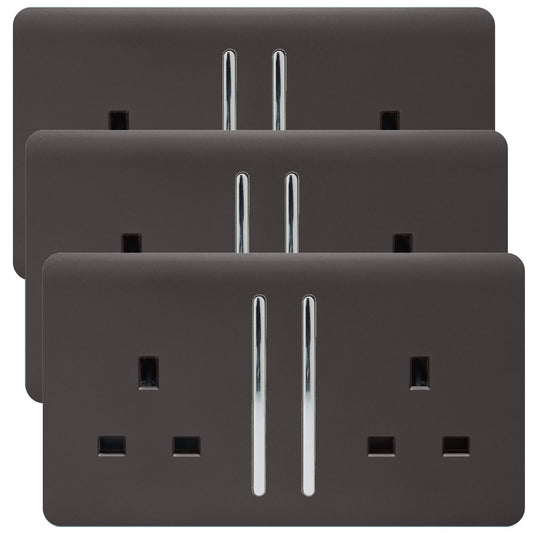 Trendi 2 Gang Artistic Modern Glossy 13 Amp Switched  Plug Socket Dark Brown (3 Pack)