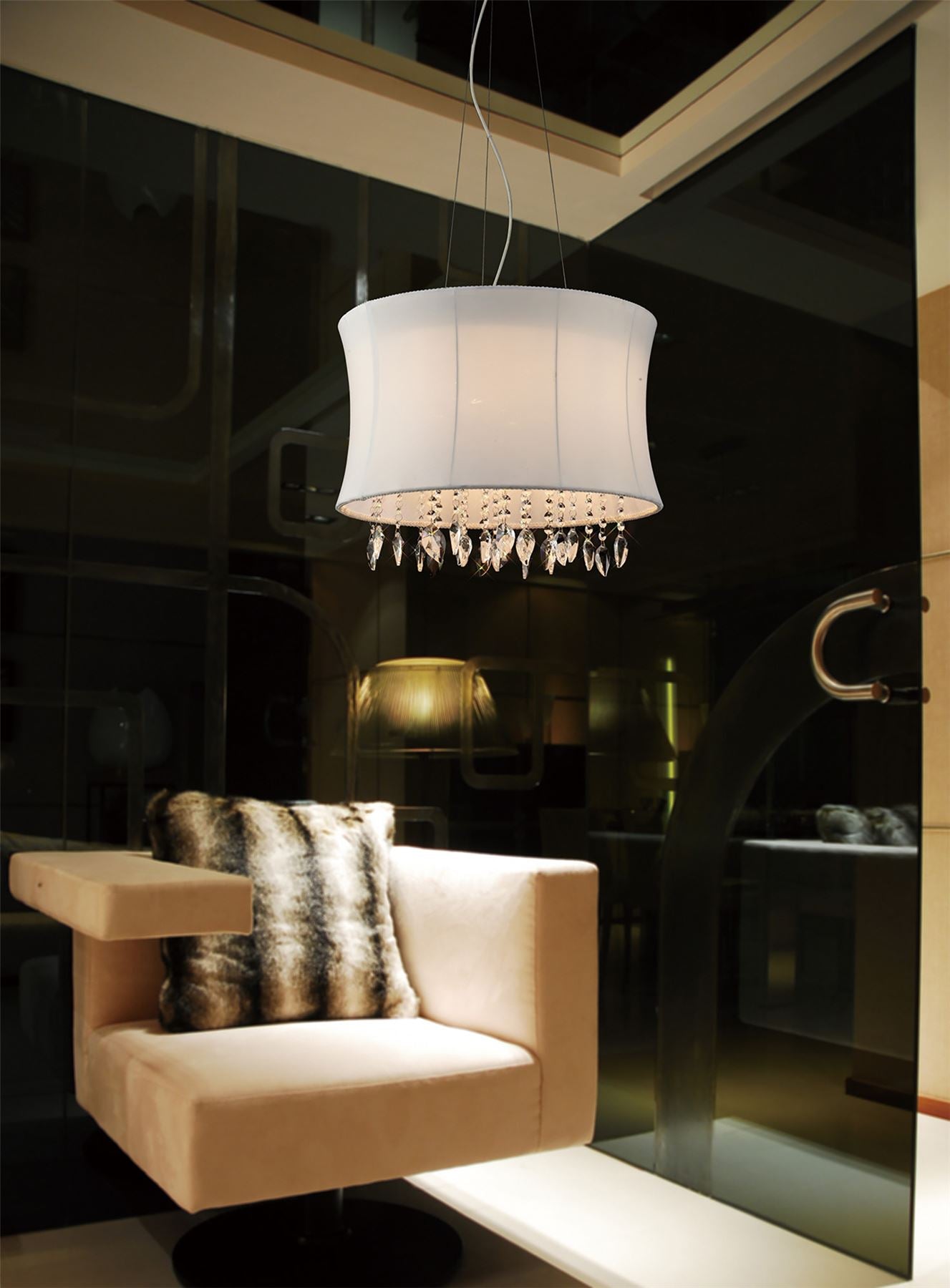 Diyas Niki 50cm  4 Light E14 with White Shade Polished Chrome/Clear Crystal Ceiling Pendant Light Fitting
