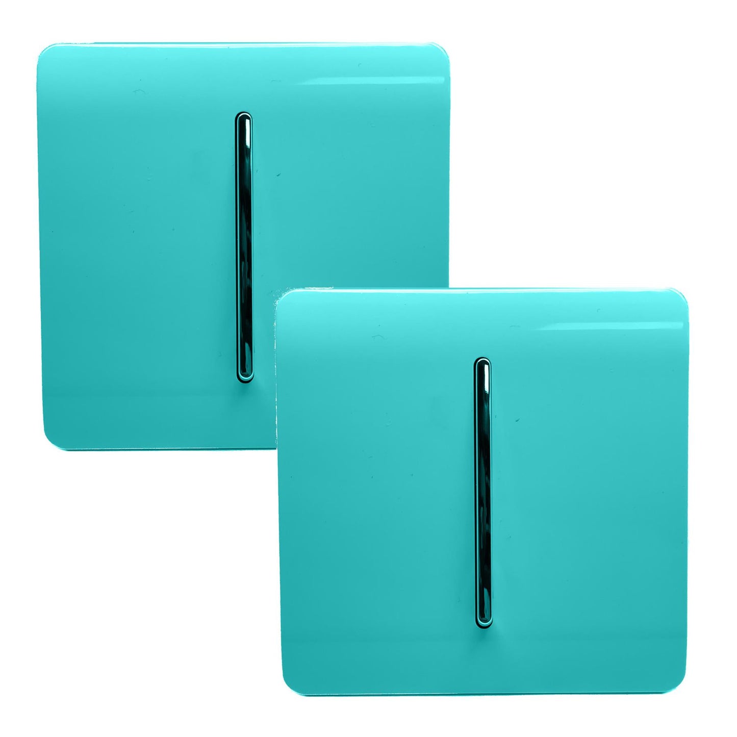 Trendi 1 Gang 2 Way 240V Screwless Artistic Modern Glossy 10 Amp Chrome Rocker Electrical Wall Light Switch in Bright Teal (2 pack)