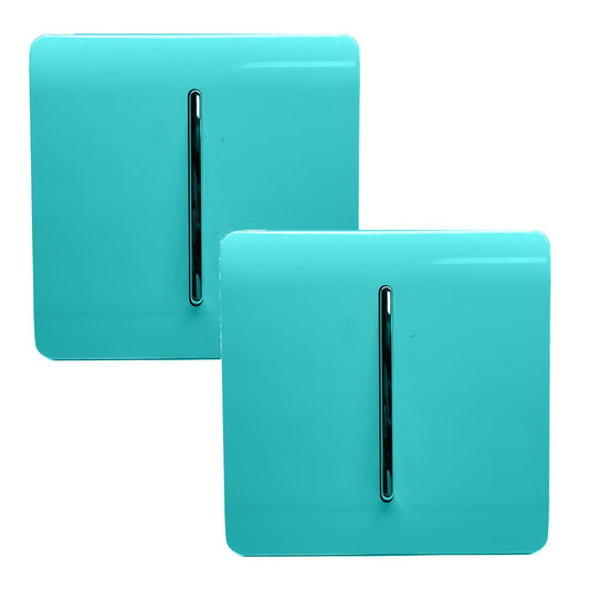 Trendi 1 Gang 2 Way 240V Screwless Artistic Modern Glossy 10 Amp Chrome Rocker Electrical Wall Light Switch in Bright Teal (2 pack)