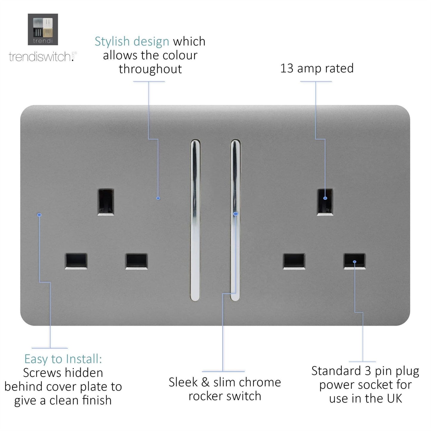 Trendi 2 Gang Raised Artistic Modern Glossy Screwless 13 Amp Single Pole with Chrome Switched UK Standard Electrical Double Wall Plug Socket in Light Grey - ART-SKT213LLG