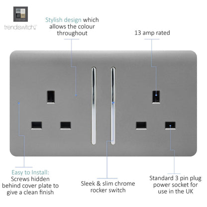 Trendi 2 Gang Raised Artistic Modern Glossy Screwless 13 Amp Single Pole with Chrome Switched UK Standard Electrical Double Wall Plug Socket in Light Grey - ART-SKT213LLG
