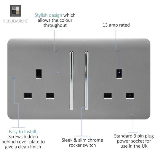 Trendi 2 Gang Raised Artistic Modern Glossy Screwless 13 Amp Single Pole with Chrome Switched UK Standard Electrical Double Wall Plug Socket in Light Grey - ART-SKT213LLG