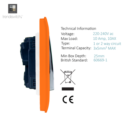Trendi 1 Gang 2 Way 240V Screwless Artistic Modern Glossy 10 Amp Chrome Rocker Electrical Wall Light Switch in Sunset Orange (3 pack)