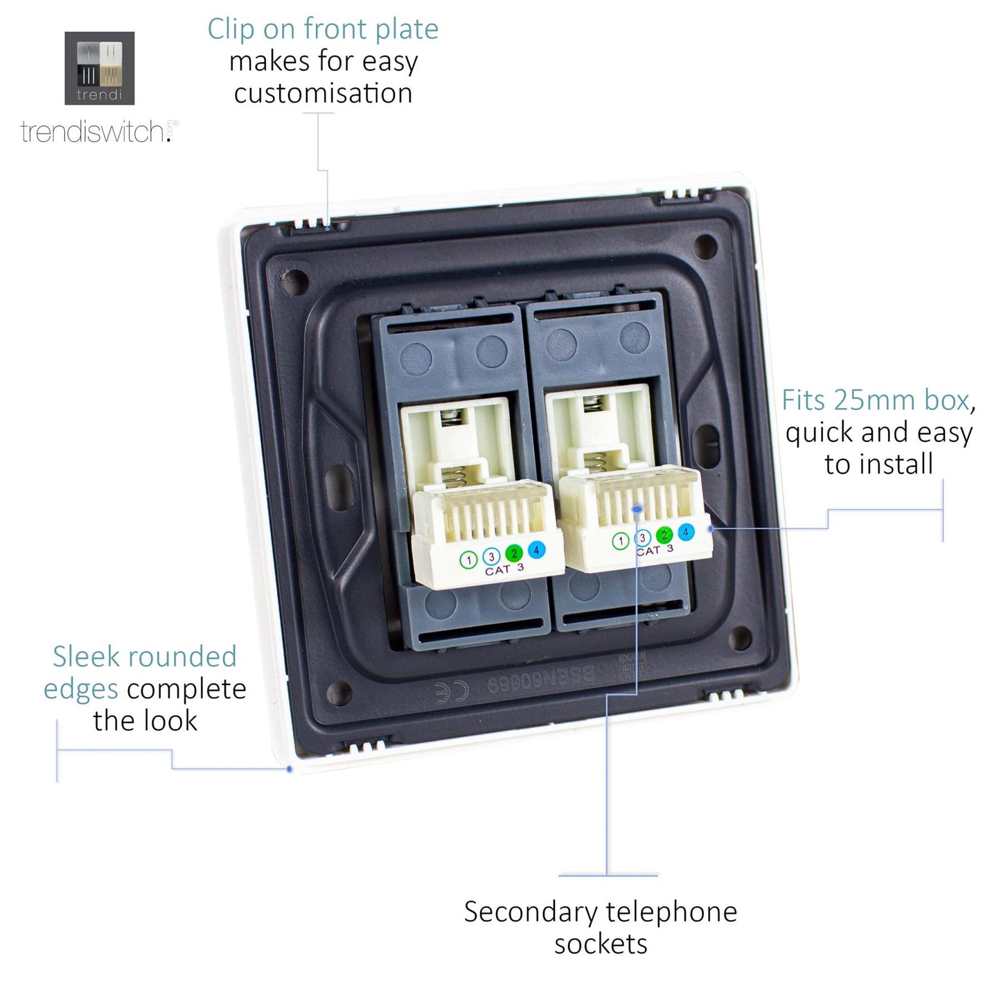 Trendi Modern 2 Gang Telephone Socket Matt Black Soft Touch - ART-2TLPSTB