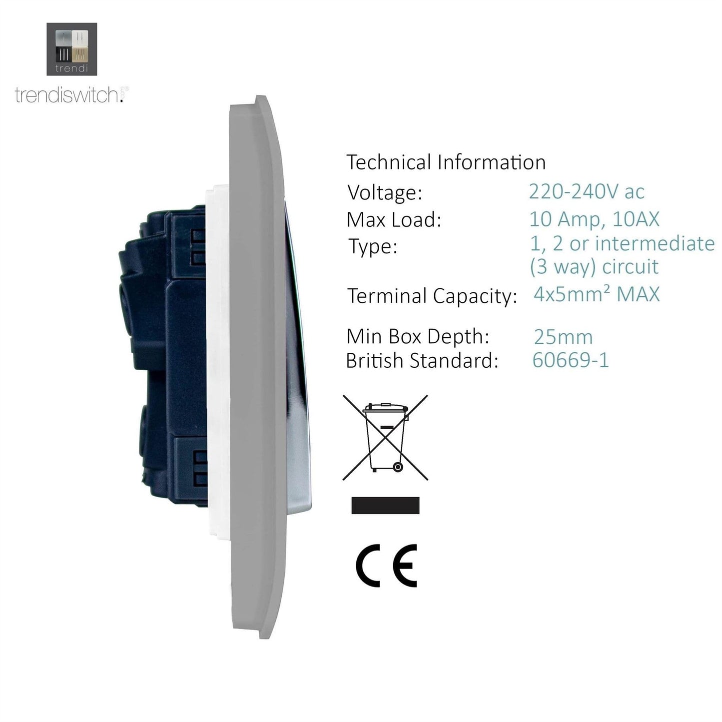 Trendi 4 Gang (2 Way & 3xIntermediate) Glossy 10 Amp Rocker Light Switch Light Grey