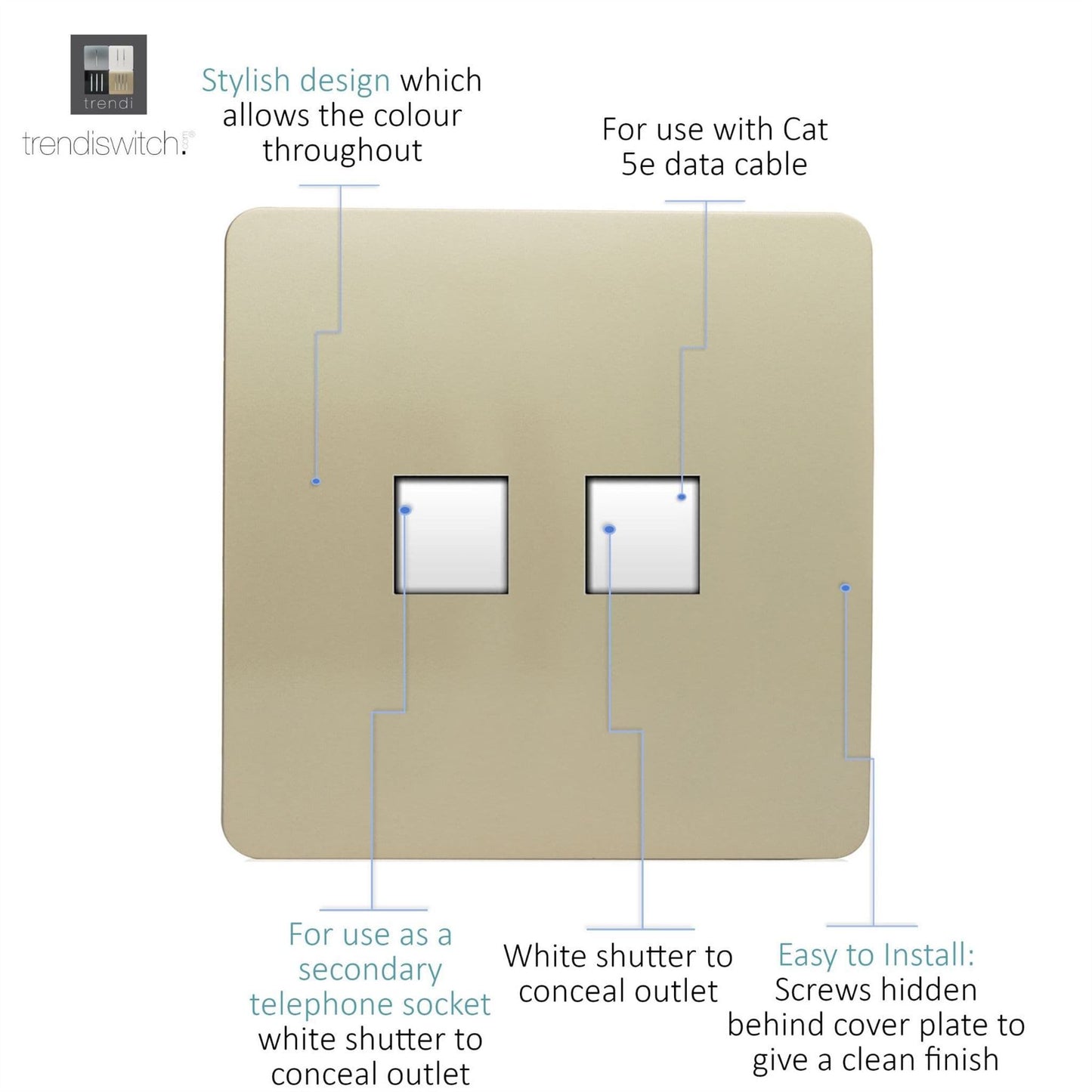 Trendi Modern Telephone Socket + RJ45 Cat 5e & Cat 6 PC Socket Gold ART-TLP+PCGO