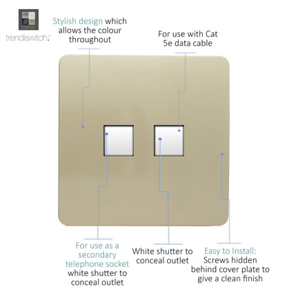 Trendi Modern Telephone Socket + RJ45 Cat 5e & Cat 6 PC Socket Gold ART-TLP+PCGO