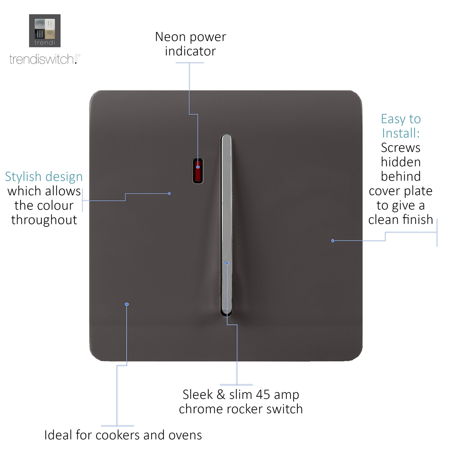 Trendi Artistic Modern Glossy 45 A Tactile Light Switch & Neon Insert Dark Brown