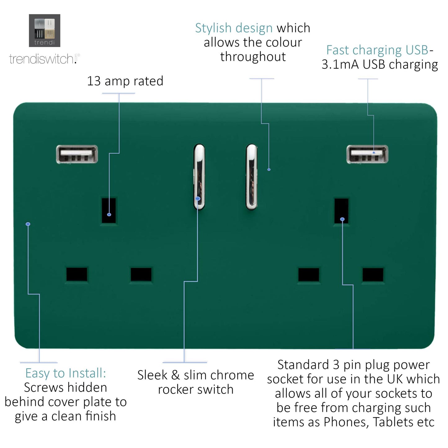 Trendi 2 Gang Artistic Modern Glossy 13 Amp 2 x 3.1mA USB Switched Plug Socket Dark Green