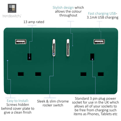 Trendi 2 Gang Artistic Modern Glossy 13 Amp 2 x 3.1mA USB Switched Plug Socket Dark Green