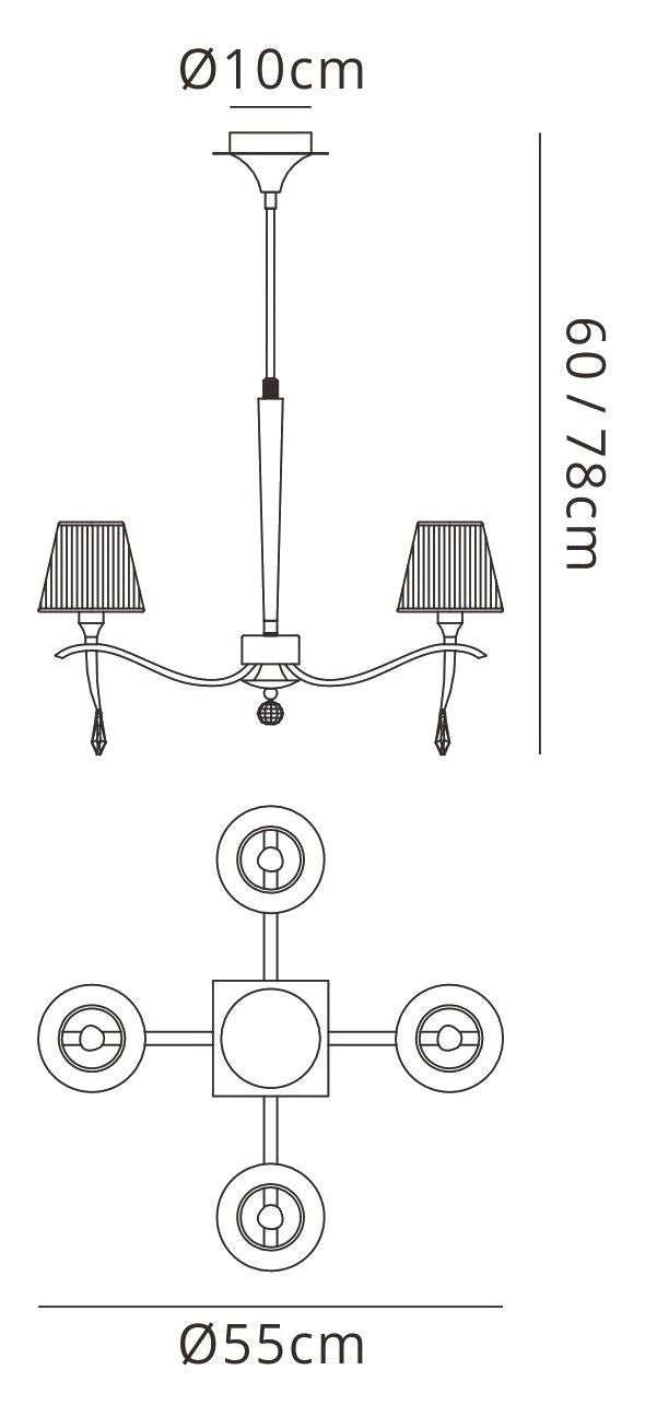 Mantra Siena 55cm Pendant Round 4 Light E14, Polished Brass with Amber Cream Shades and Clear Crystal