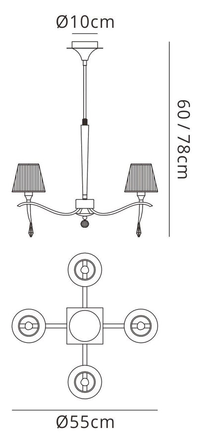 Mantra Siena 55cm Pendant Round 4 Light E14, Polished Brass with Amber Cream Shades and Clear Crystal