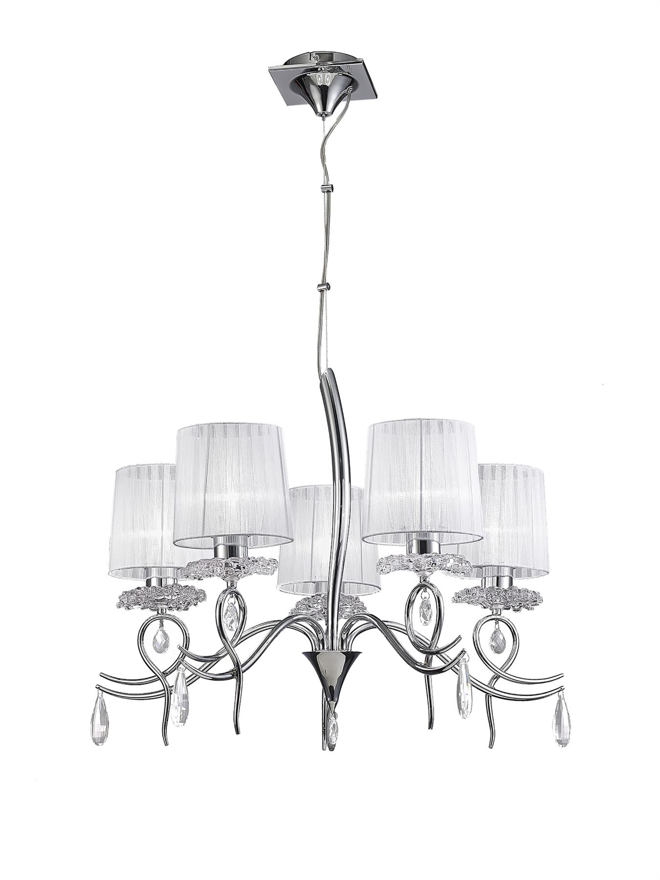 Mantra Louise Pendant 5 Light E27 with White Shades Polished Chrome/Clear Crystal