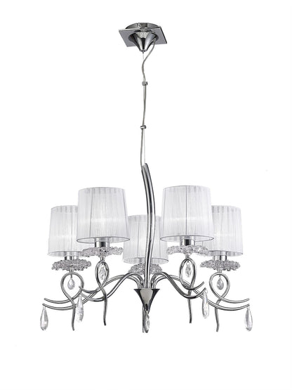 Mantra Louise Pendant 5 Light E27 with White Shades Polished Chrome/Clear Crystal