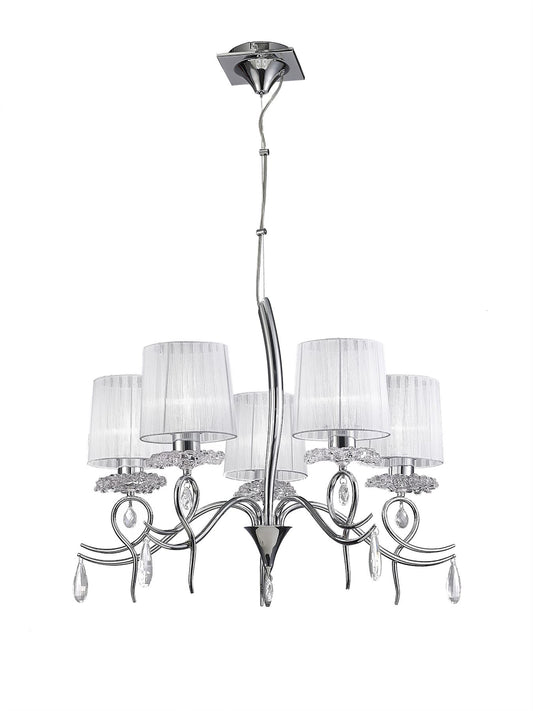 Mantra Louise Pendant 5 Light E27 with White Shades Polished Chrome/Clear Crystal