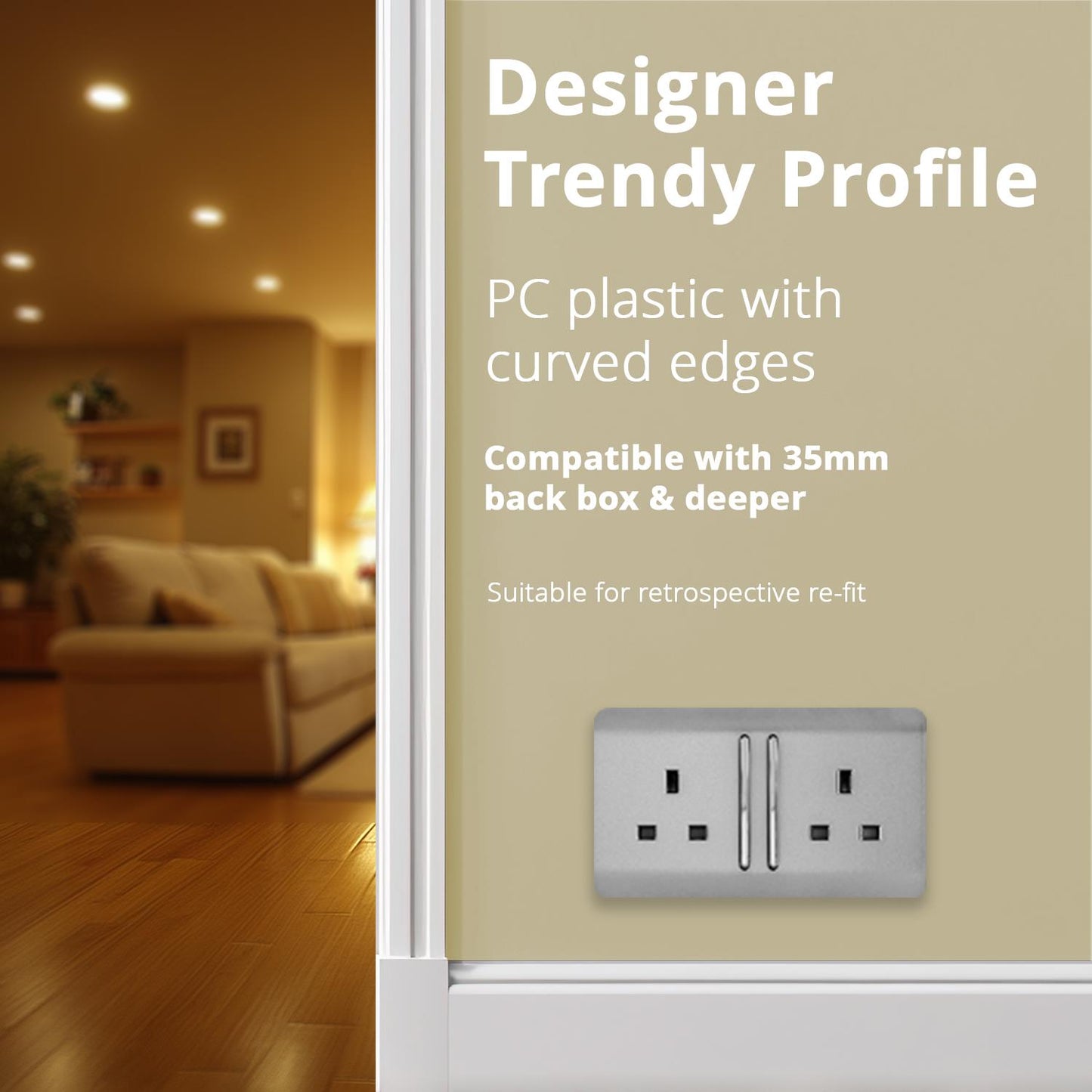 Trendi 2 Gang Raised Artistic Modern Glossy Screwless 13 Amp Single Pole with Chrome Switched UK Standard Electrical Double Wall Plug Socket in Brushed Steel - ART-SKT213LBS