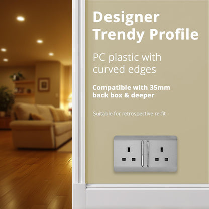 Trendi 2 Gang Raised Artistic Modern Glossy Screwless 13 Amp Single Pole with Chrome Switched UK Standard Electrical Double Wall Plug Socket in Brushed Steel - ART-SKT213LBS