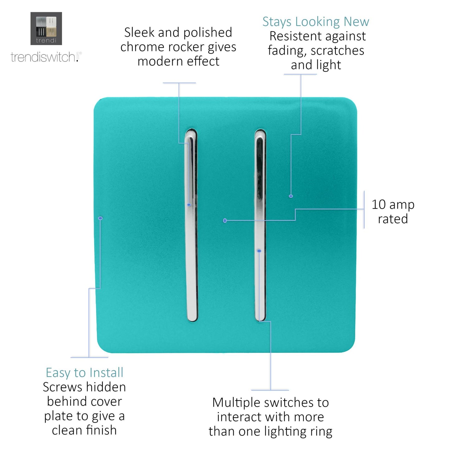 Trendi 2 Gang 2 Way 240V Screwless Artistic Modern Glossy 10 Amp Chrome Rocker Electrical Wall Light Switch in Bright Teal (2 pack)