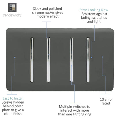 Trendi 4 Gang (2 Way & 3xIntermediate) Glossy 10 Amp Rocker Light Switch Charcoal